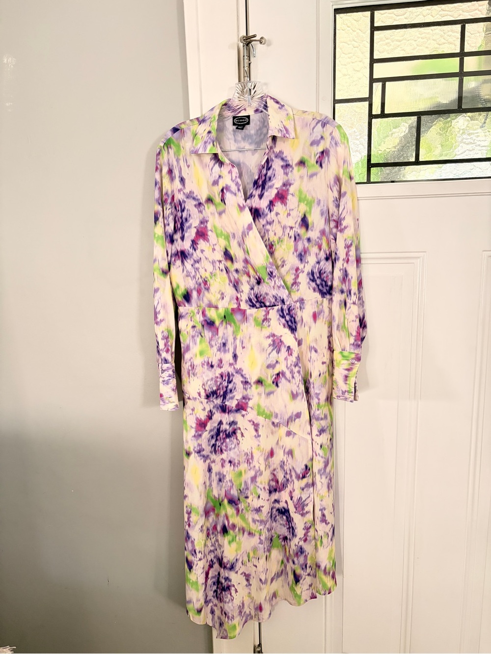 Asymmetrical Hem Floral Faux Wrap Dress in Purple and Green
